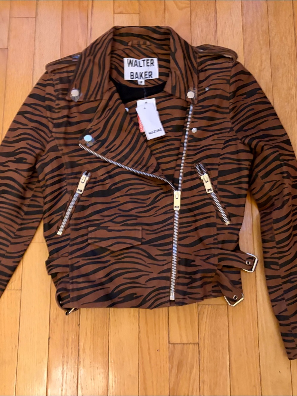 Walter Baker Brown Tiger-Print Moto leather Jacket